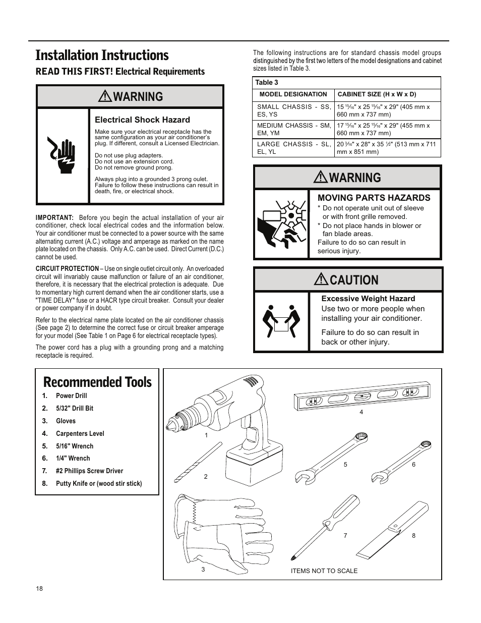 Recommended tools, Installation instructions, Caution | Warning, Read this first! electrical requirements, Moving parts hazards | Friedrich ES15M33 User Manual | Page 18 / 132