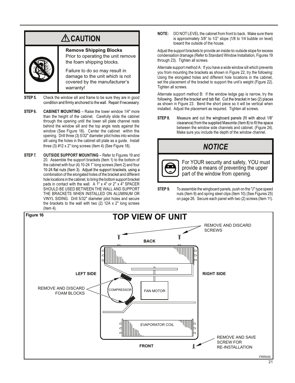 Top view of unit, Caution, Notice | Friedrich ES15M33 User Manual | Page 21 / 132