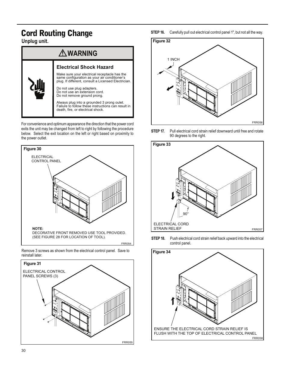 Cord routing change, Warning, Unplug unit | Friedrich ES15M33 User Manual | Page 30 / 132