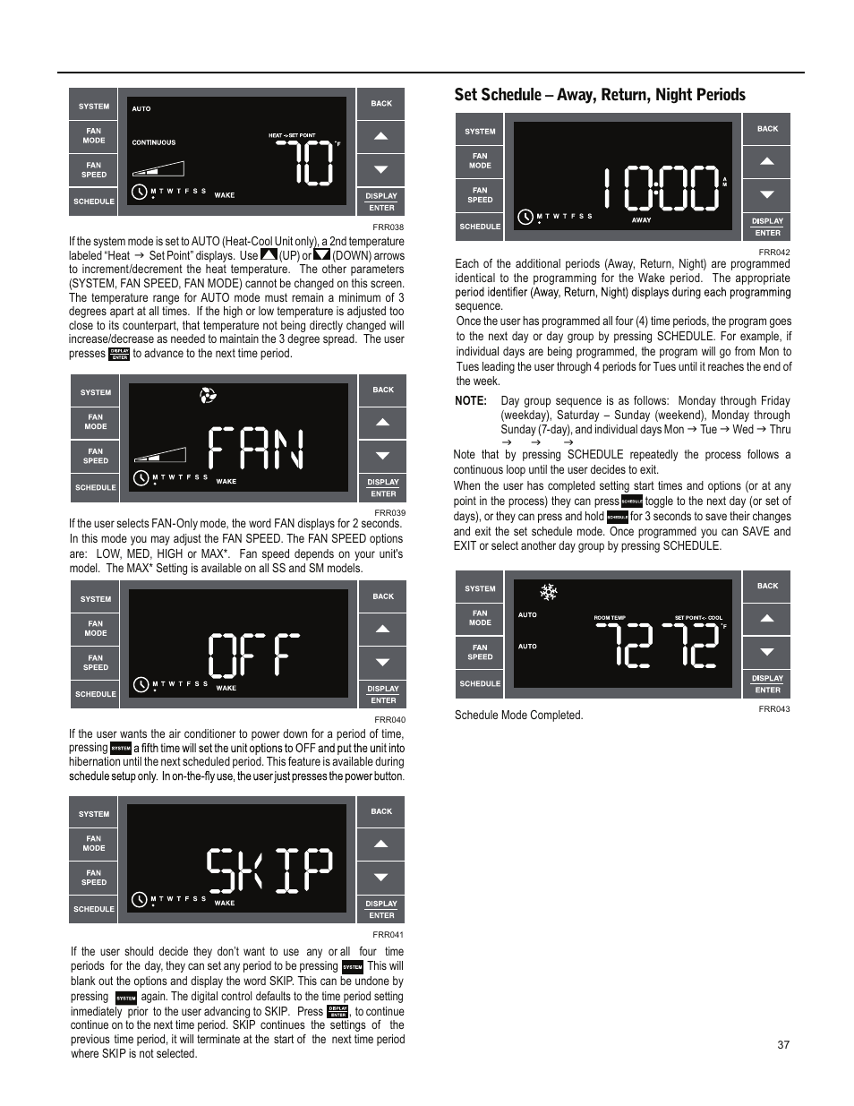 Set schedule – away, return, night periods | Friedrich ES15M33 User Manual | Page 37 / 132