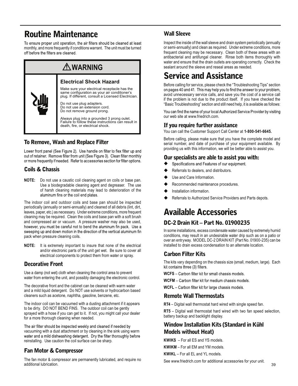 Routine maintenance, Service and assistance, Available accessories | Warning | Friedrich ES15M33 User Manual | Page 39 / 132