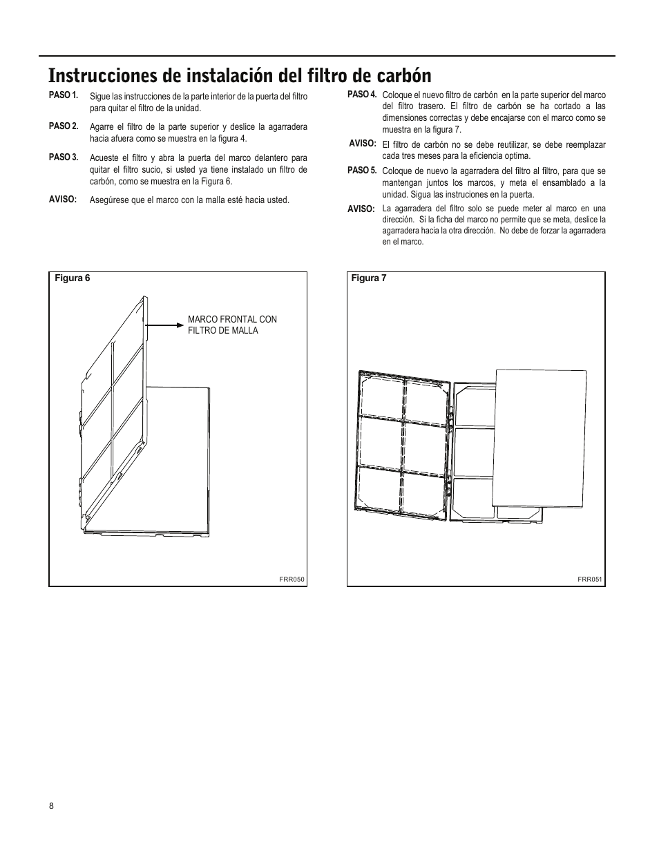 Instrucciones de instalación del filtro de carbón | Friedrich ES15M33 User Manual | Page 52 / 132