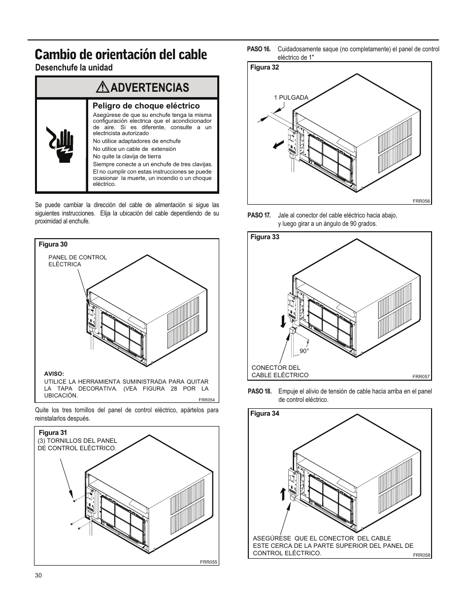 Cambio de orientación del cable, Advertencias, Desenchufe la unidad | Friedrich ES15M33 User Manual | Page 74 / 132