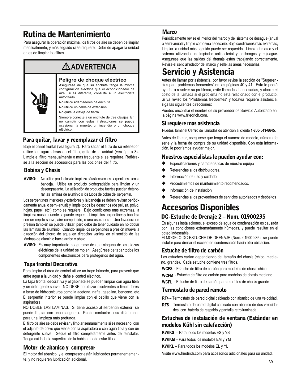 Rutina de mantenimiento, Servicio y asistencia, Accesorios disponibles | Advertencia | Friedrich ES15M33 User Manual | Page 83 / 132