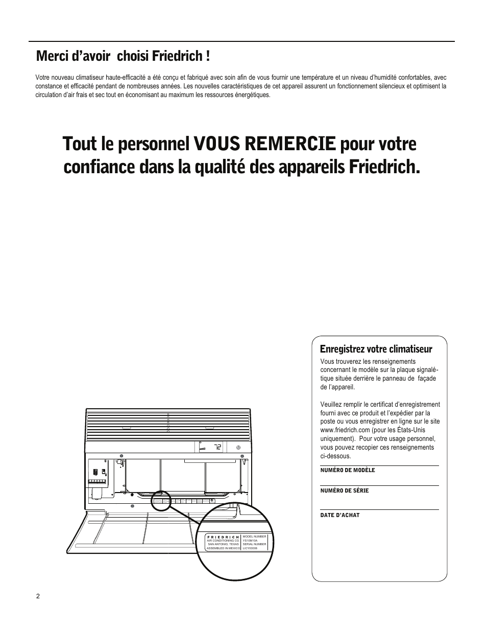 Merci d’avoir choisi friedrich, Enregistrez votre climatiseur | Friedrich ES15M33 User Manual | Page 90 / 132