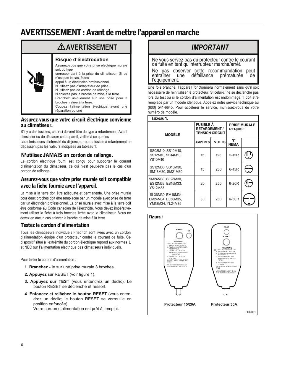 Important, Avertissement | Friedrich ES15M33 User Manual | Page 94 / 132