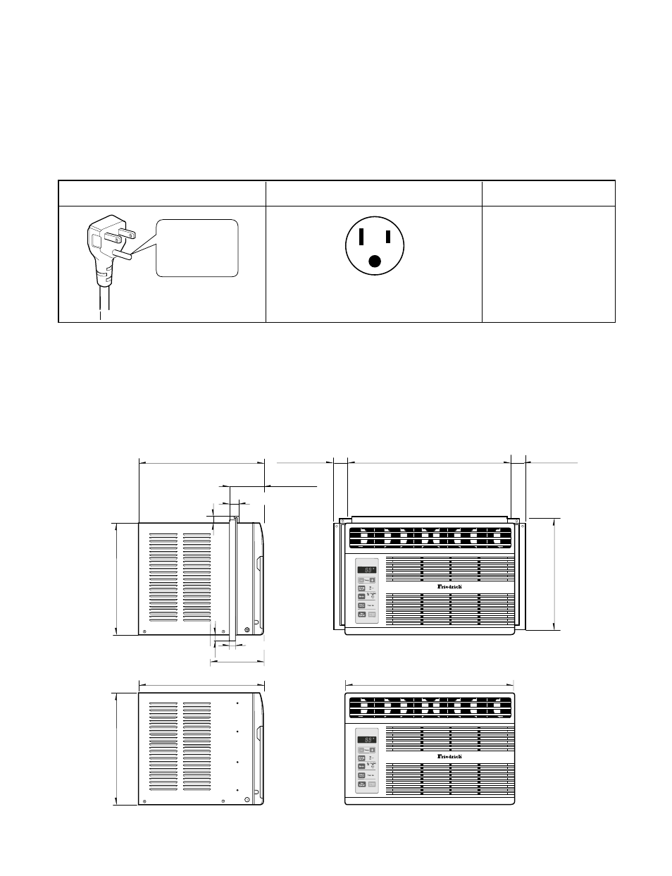 Troubleshooting guide, 3 electrical data, Line cord plug use wall receptacle power supply | 1 outside dimensions (unit: mm [in]), Removal from window, Use of extension cords | Friedrich KP05A10 KP06A10 User Manual | Page 15 / 27