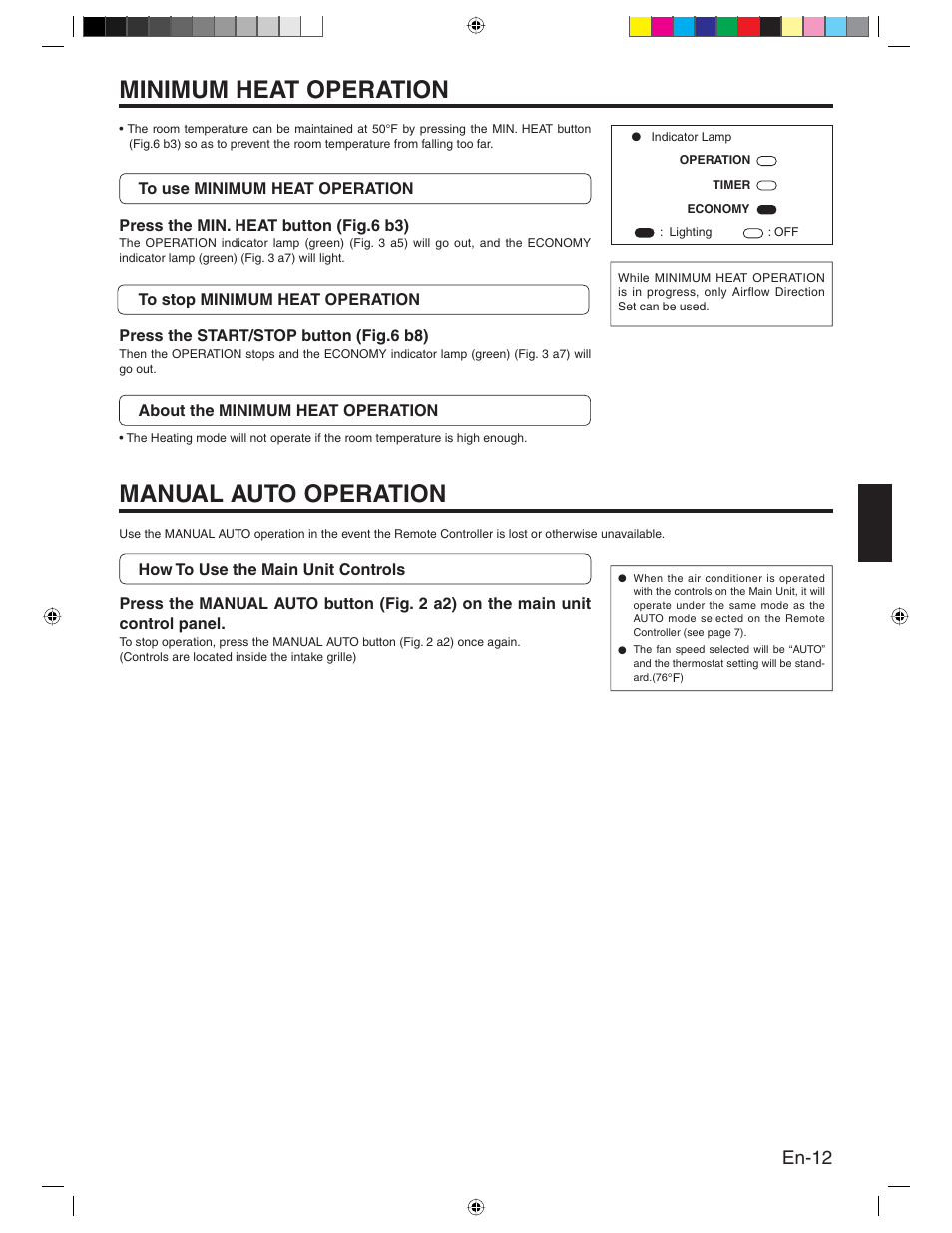 Minimum heat operation, Manual auto operation, En-12 | Friedrich MR24Y3H User Manual | Page 13 / 52