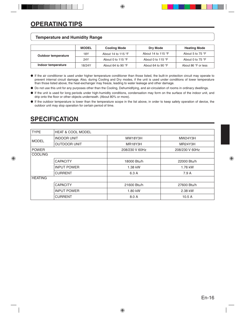 Operating tips, Specification, En-16 | Friedrich MR24Y3H User Manual | Page 17 / 52