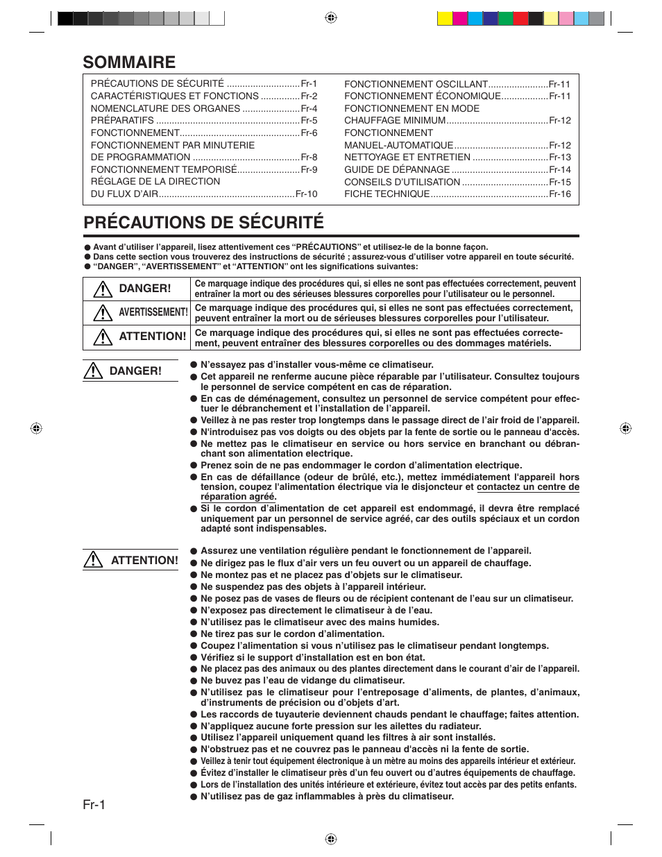 Sommaire, Précautions de sécurité, Fr-1 | Friedrich MR24Y3H User Manual | Page 18 / 52