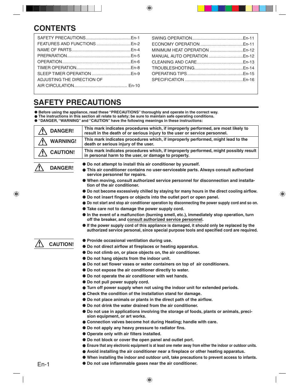 Contents safety precautions, En-1 | Friedrich MR24Y3H User Manual | Page 2 / 52