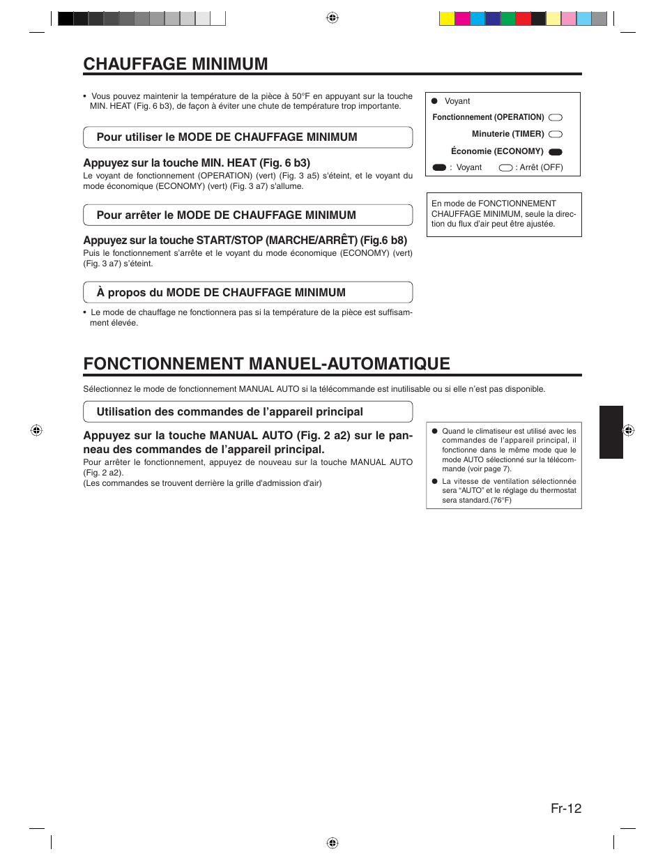 Fonctionnement manuel-automatique, Chauffage minimum, Fr-12 | Friedrich MR24Y3H User Manual | Page 29 / 52