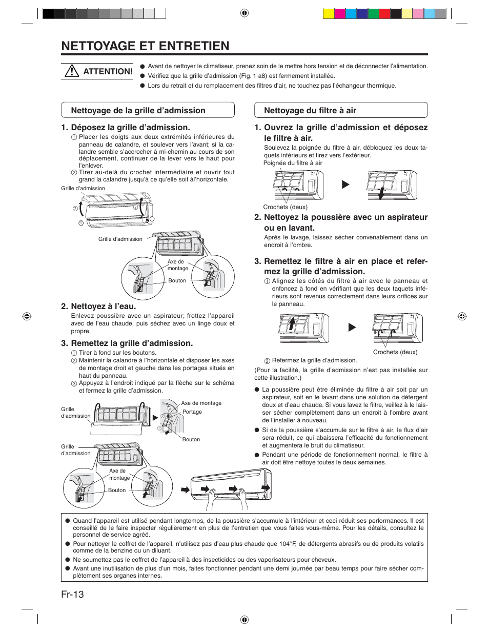 Nettoyage et entretien, Fr-13, Nettoyez à l’eau | Remettez la grille d’admission | Friedrich MR24Y3H User Manual | Page 30 / 52