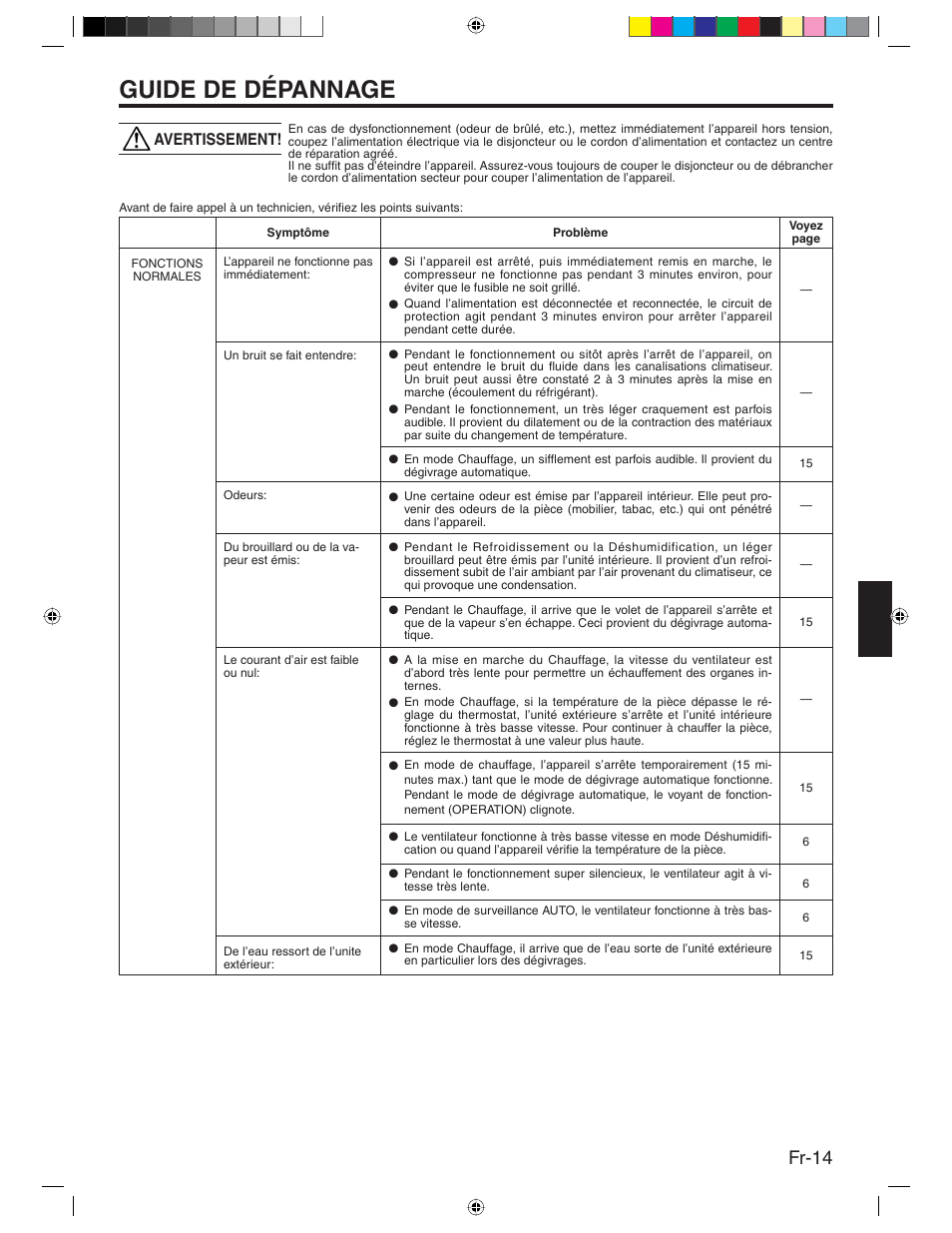 Guide de dépannage, Fr-14, Avertissement | Friedrich MR24Y3H User Manual | Page 31 / 52