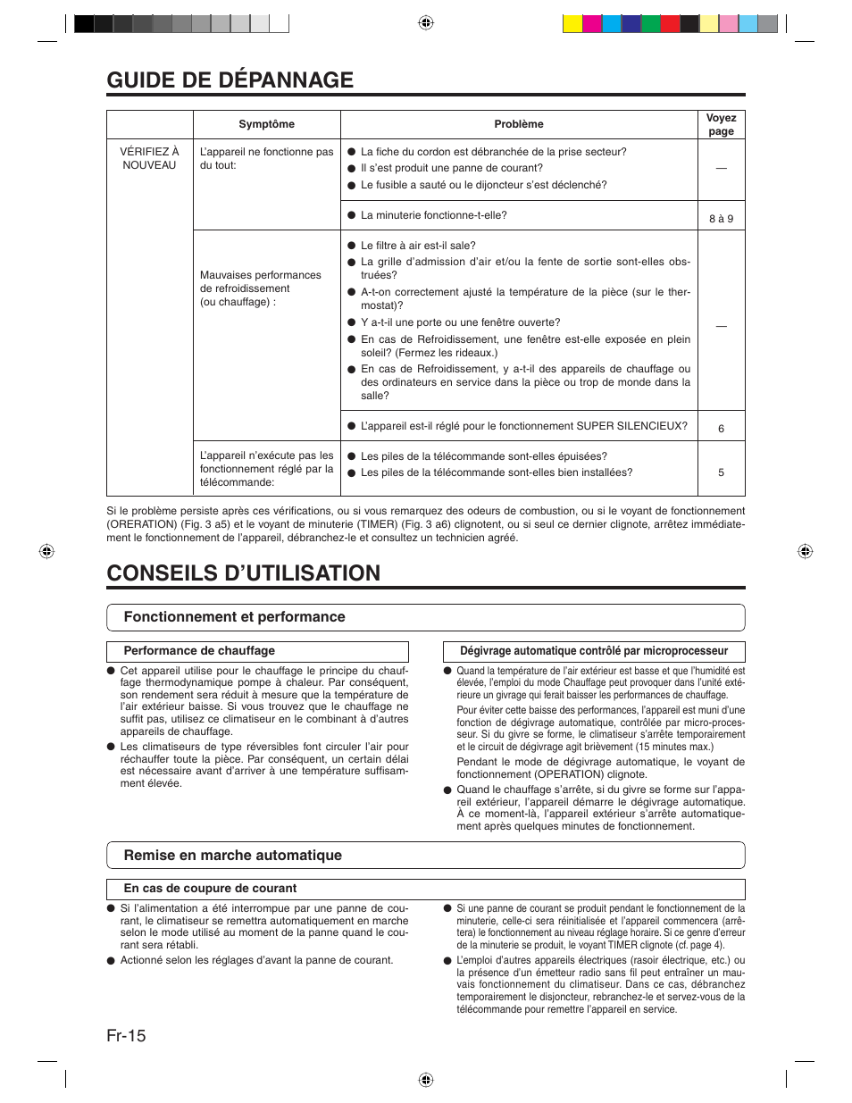 Guide de dépannage, Conseils d’utilisation, Fr-15 | Friedrich MR24Y3H User Manual | Page 32 / 52