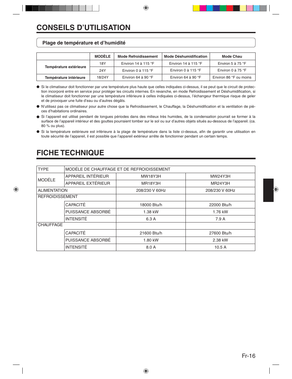 Conseils d’utilisation, Fiche technique, Fr-16 | Friedrich MR24Y3H User Manual | Page 33 / 52