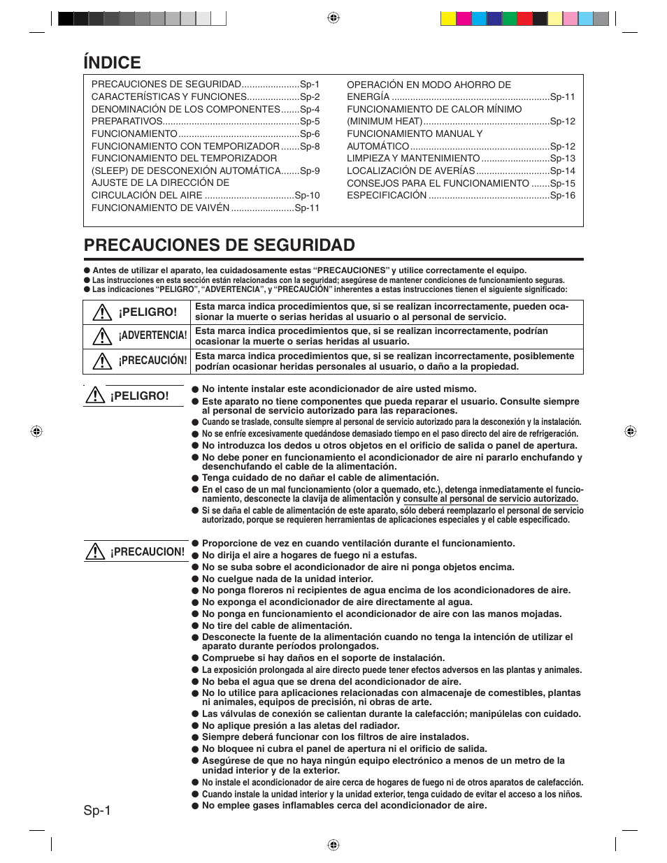 Índice, Precauciones de seguridad, Sp-1 | Friedrich MR24Y3H User Manual | Page 34 / 52