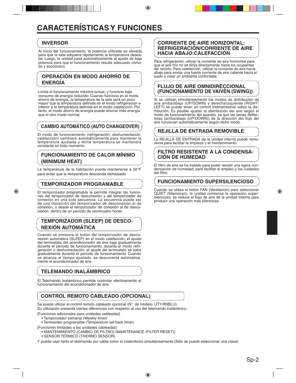 Características y funciones, Sp-2 | Friedrich MR24Y3H User Manual | Page 35 / 52