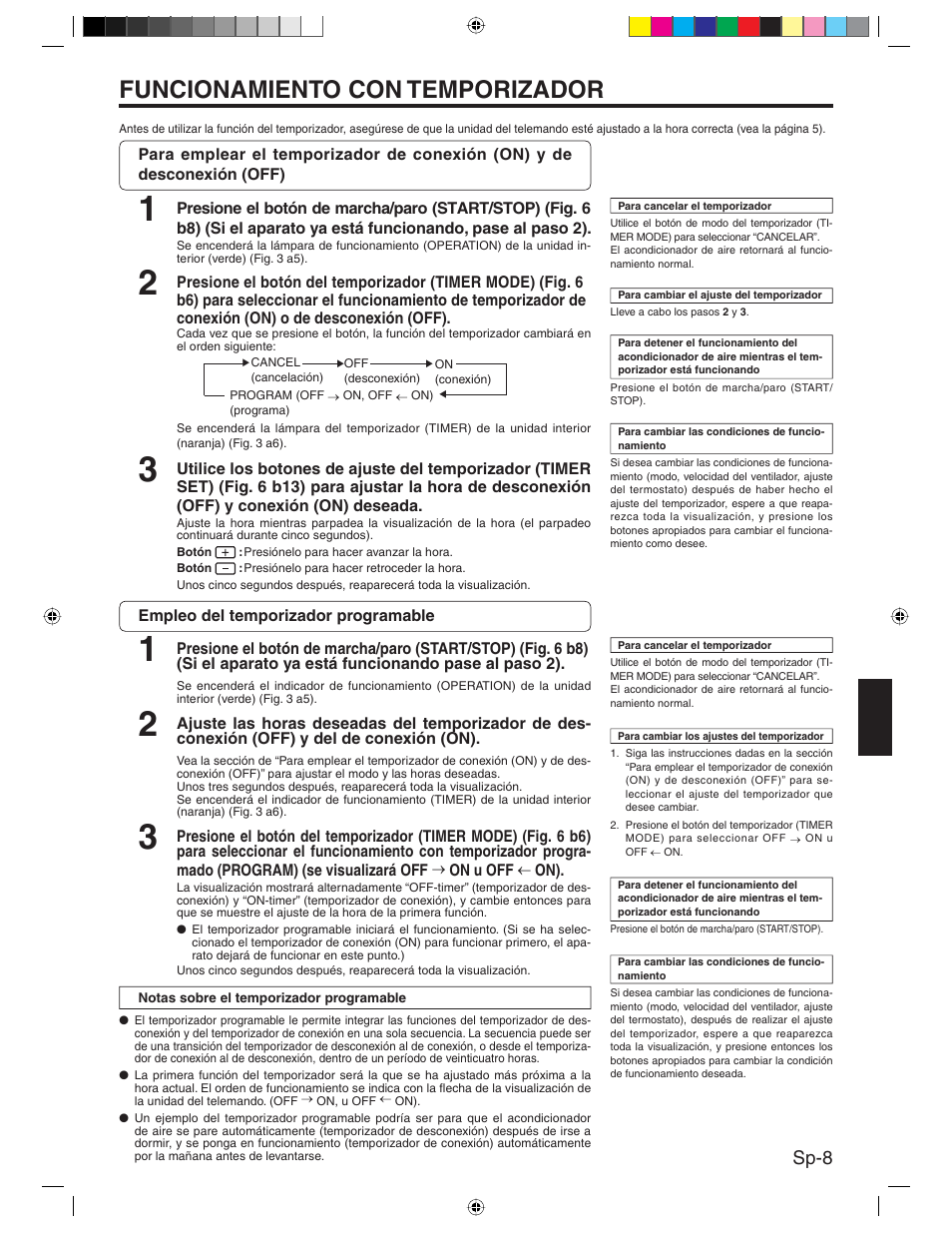 Funcionamiento con temporizador, Sp-8 | Friedrich MR24Y3H User Manual | Page 41 / 52