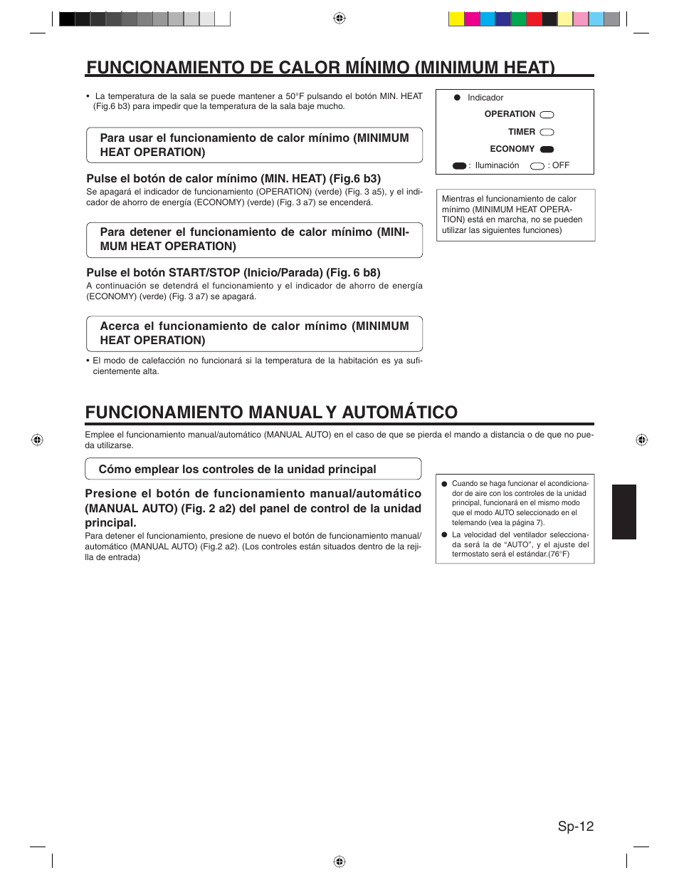 Funcionamiento manual y automático, Funcionamiento de calor mínimo (minimum heat), Sp-12 | Friedrich MR24Y3H User Manual | Page 45 / 52