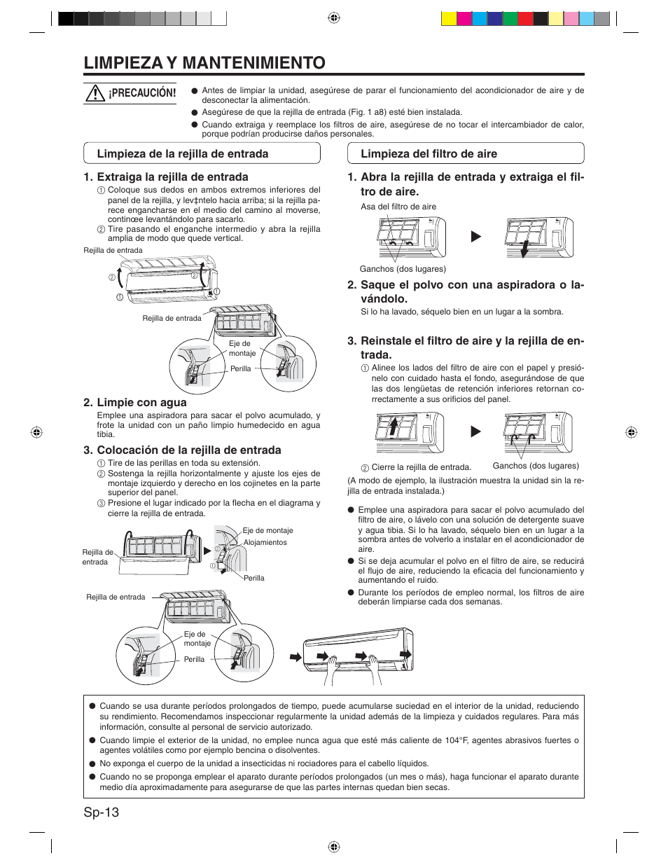 Limpieza y mantenimiento, Sp-13, Limpie con agua | Colocación de la rejilla de entrada | Friedrich MR24Y3H User Manual | Page 46 / 52