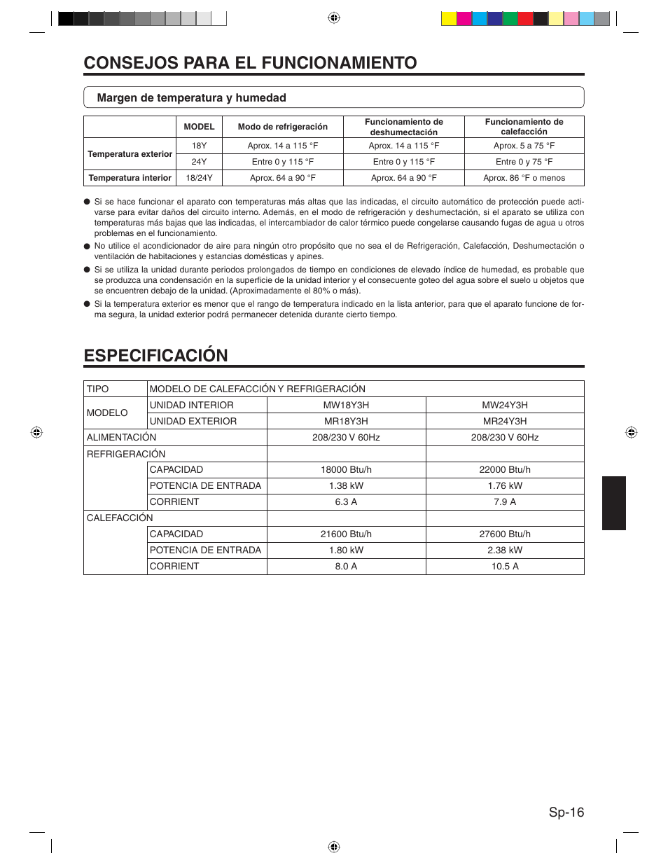 Consejos para el funcionamiento, Especificación, Sp-16 | Friedrich MR24Y3H User Manual | Page 49 / 52