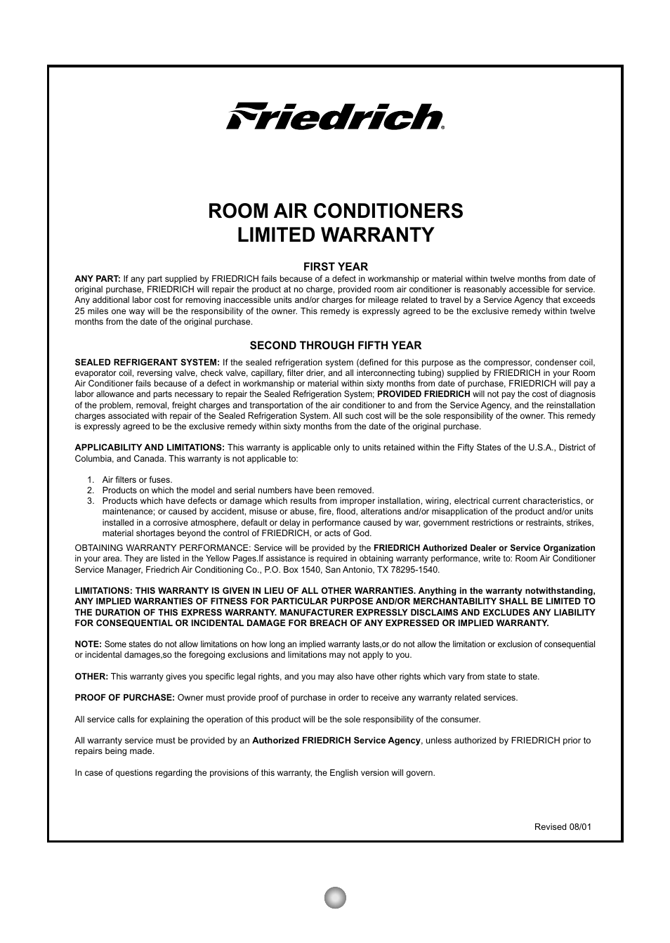 Room air conditioners limited warranty, Friedrich air conditioning co | Friedrich CP05 CP Line User Manual | Page 14 / 43