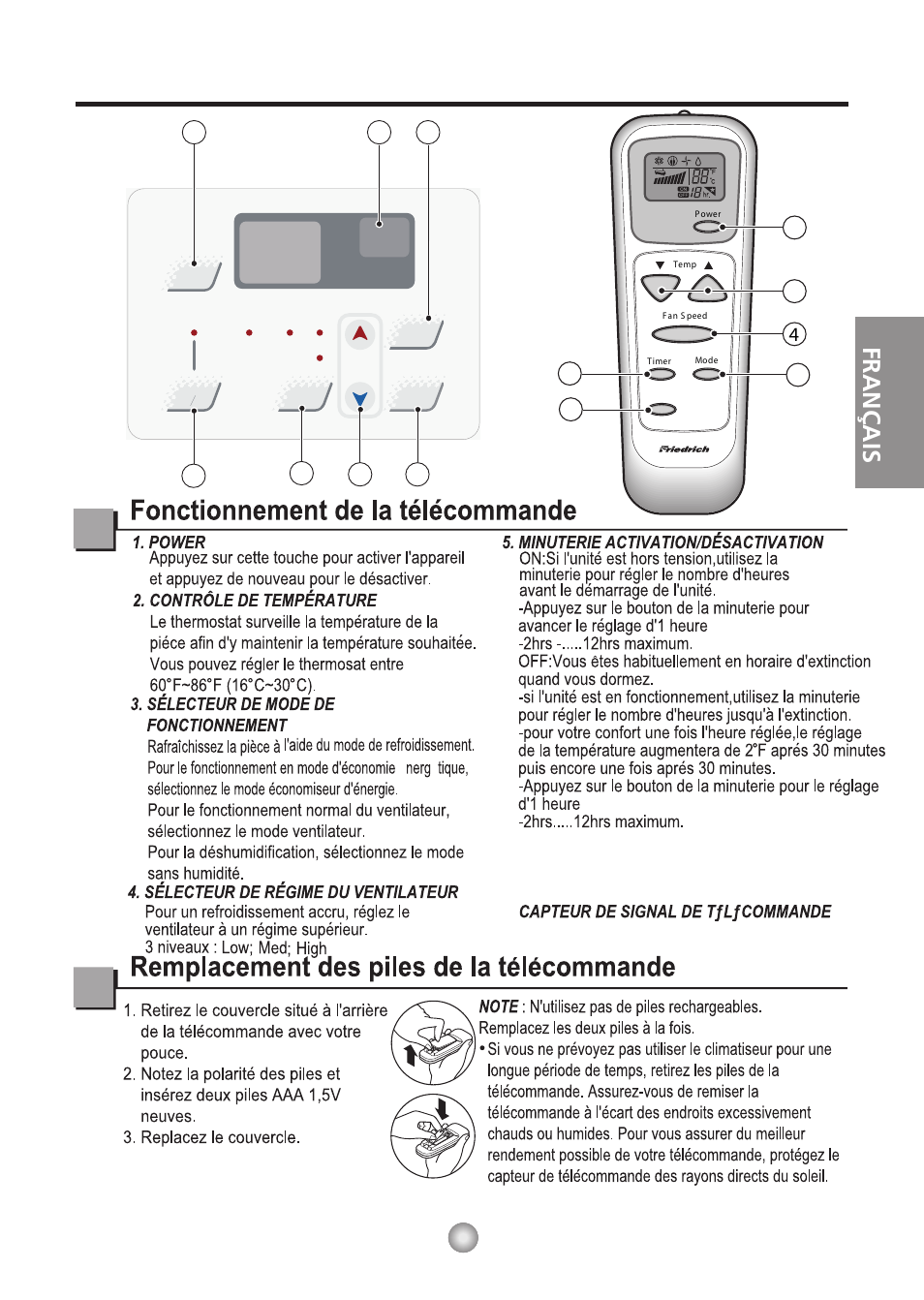 Fonctionnement de la télécommande cp, Français | Friedrich CP06/CP08 User Manual | Page 25 / 59