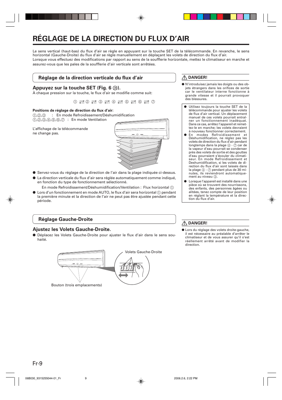 Réglage de la direction du flux d’air, Fr-9 | Friedrich MR18C3F User Manual | Page 26 / 50
