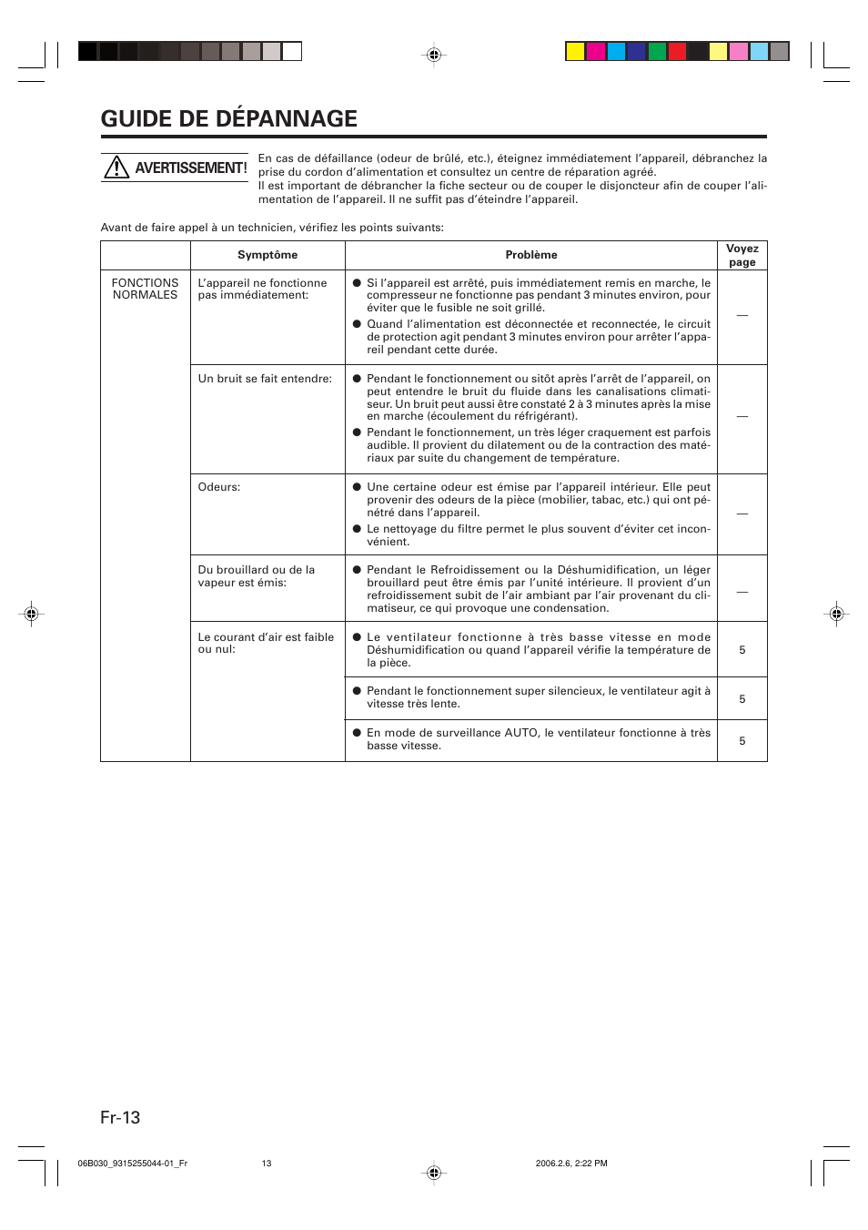 Guide de dépannage, Fr-13, Avertissement | Friedrich MR18C3F User Manual | Page 30 / 50
