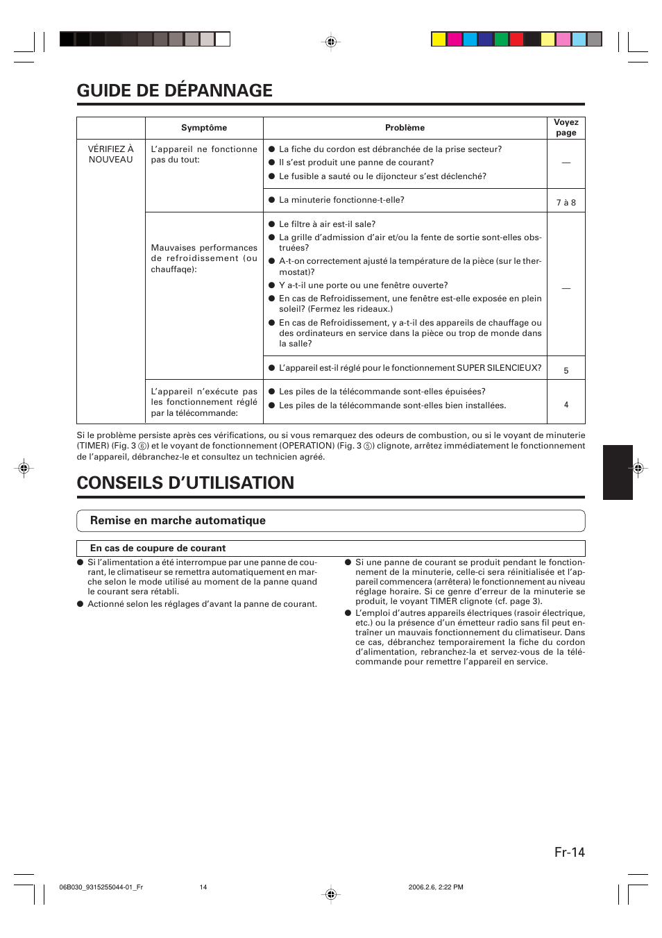Guide de dépannage, Conseils d’utilisation, Fr-14 | Friedrich MR18C3F User Manual | Page 31 / 50