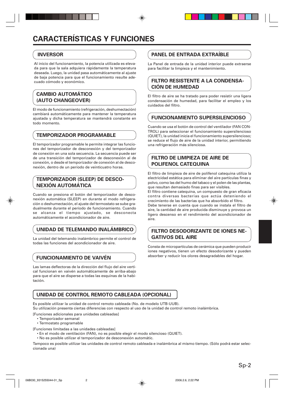 Características y funciones, Sp-2 | Friedrich MR18C3F User Manual | Page 35 / 50