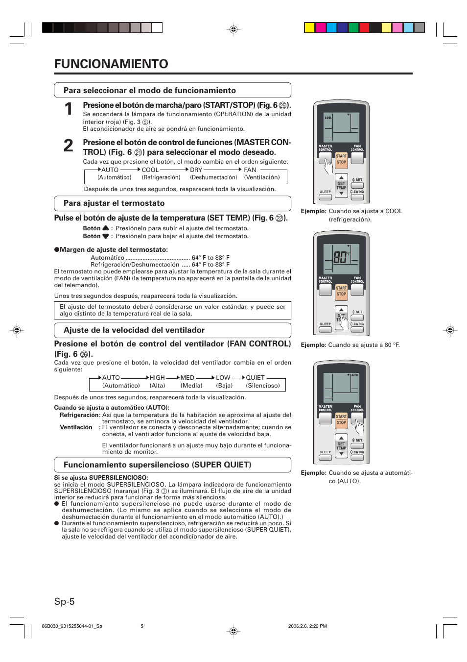 Funcionamiento, Sp-5 | Friedrich MR18C3F User Manual | Page 38 / 50