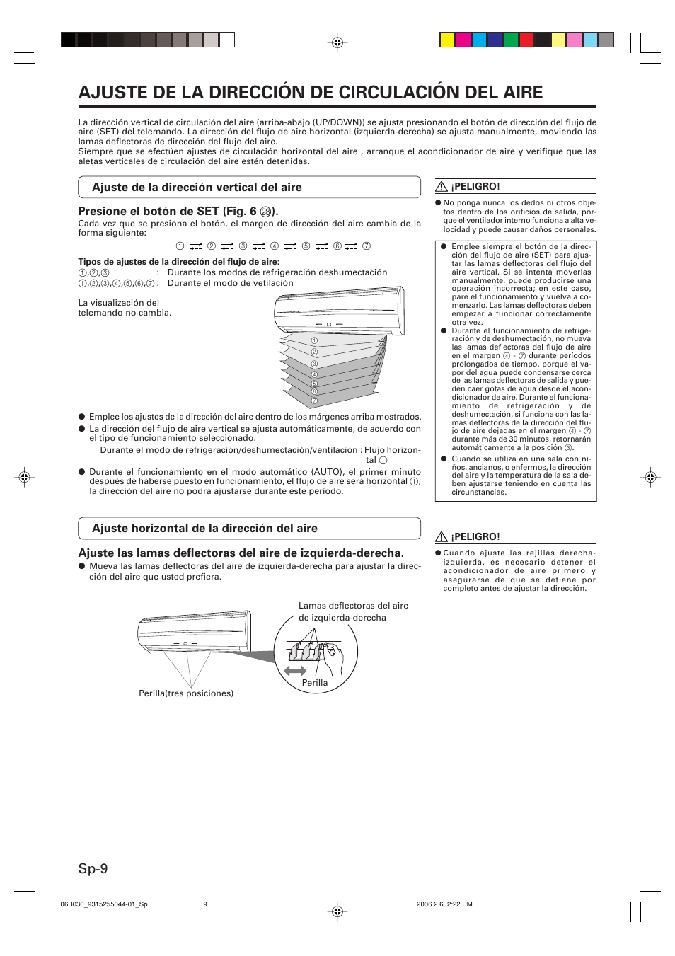 Ajuste de la dirección de circulación del aire, Sp-9 | Friedrich MR18C3F User Manual | Page 42 / 50