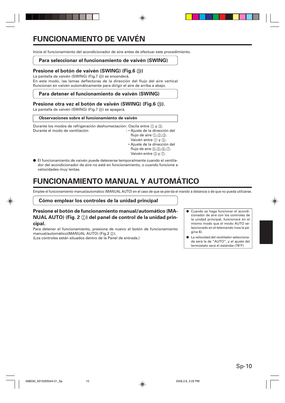Funcionamiento de vaivén, Funcionamiento manual y automático, Sp-10 | Friedrich MR18C3F User Manual | Page 43 / 50