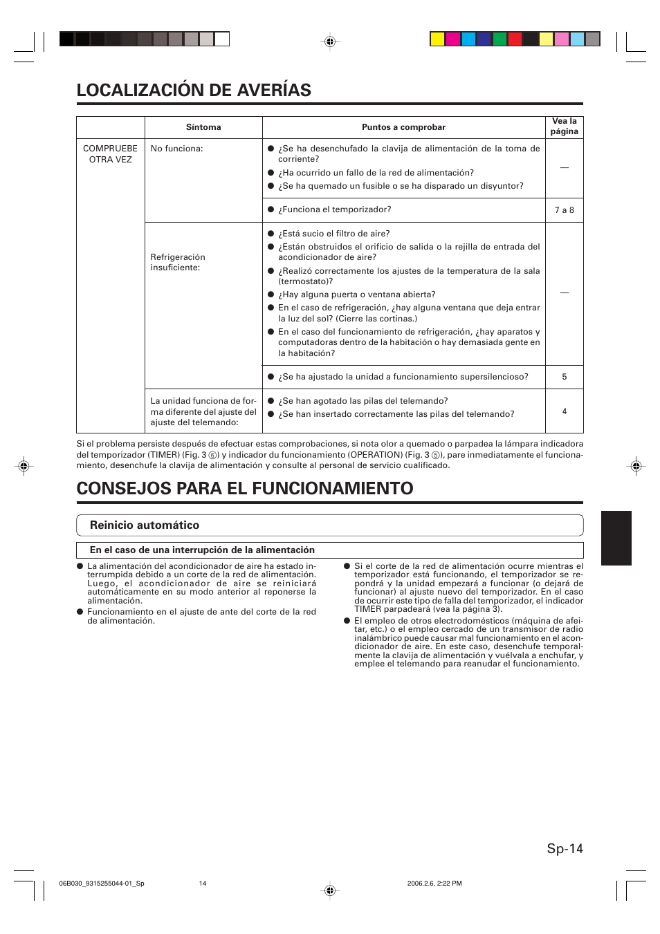 Localización de averías, Consejos para el funcionamiento, Sp-14 | Friedrich MR18C3F User Manual | Page 47 / 50