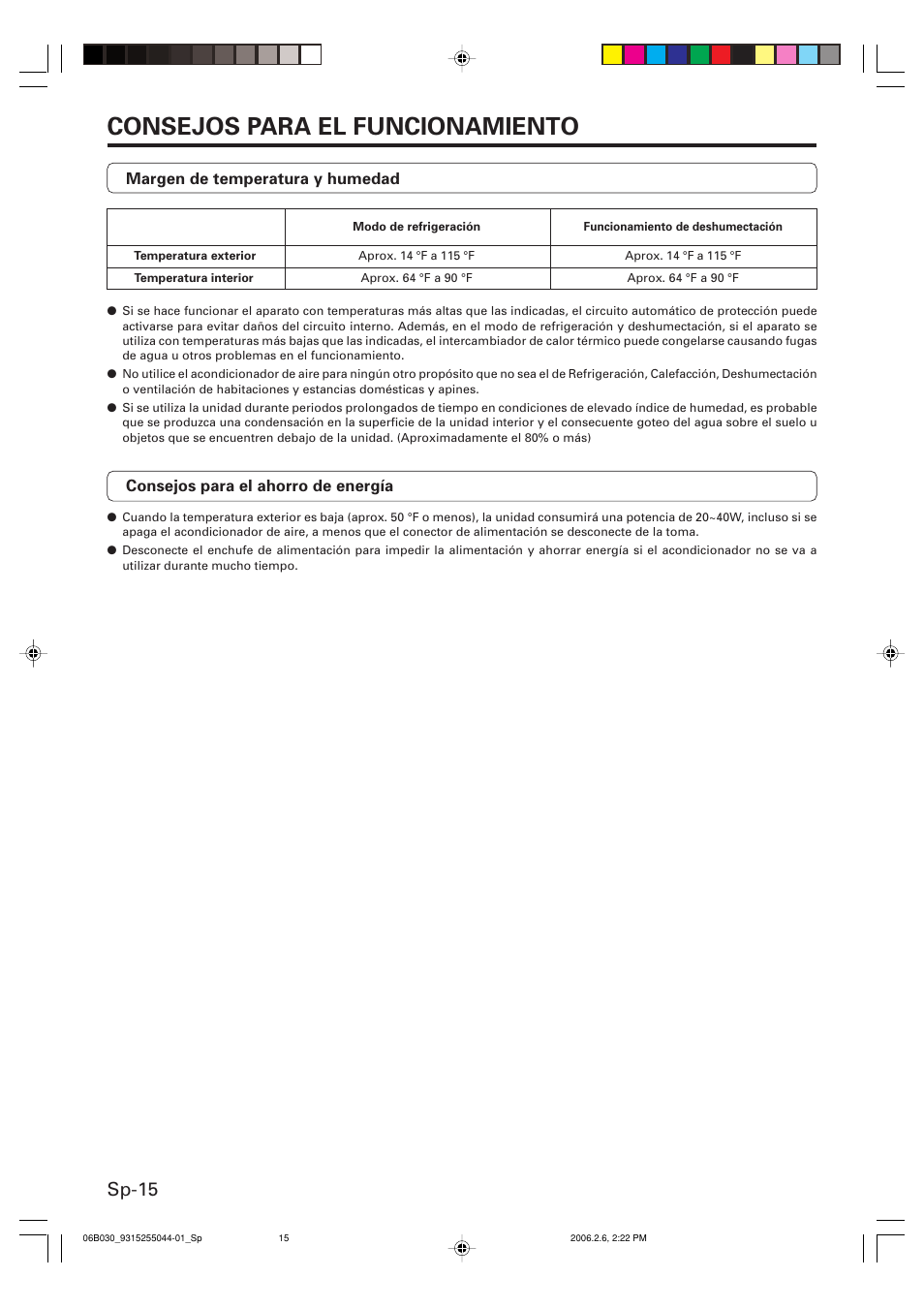 Consejos para el funcionamiento, Sp-15 | Friedrich MR18C3F User Manual | Page 48 / 50