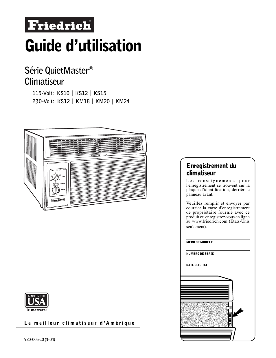 Guide d’utilisation, Série quietmaster, Climatiseur | Friedrich KS12 User Manual | Page 15 / 24