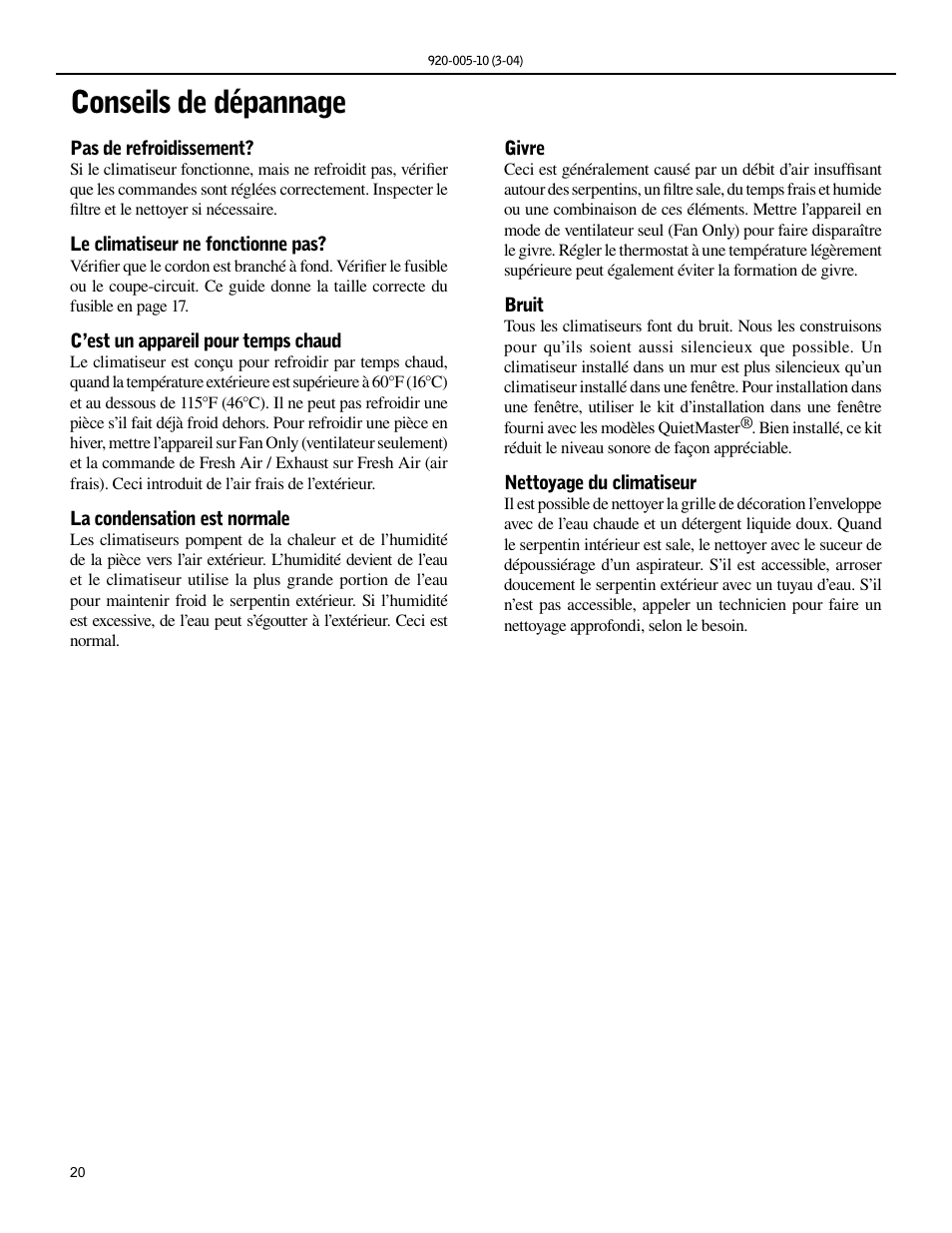 Conseils de dépannage | Friedrich KS12 User Manual | Page 20 / 24