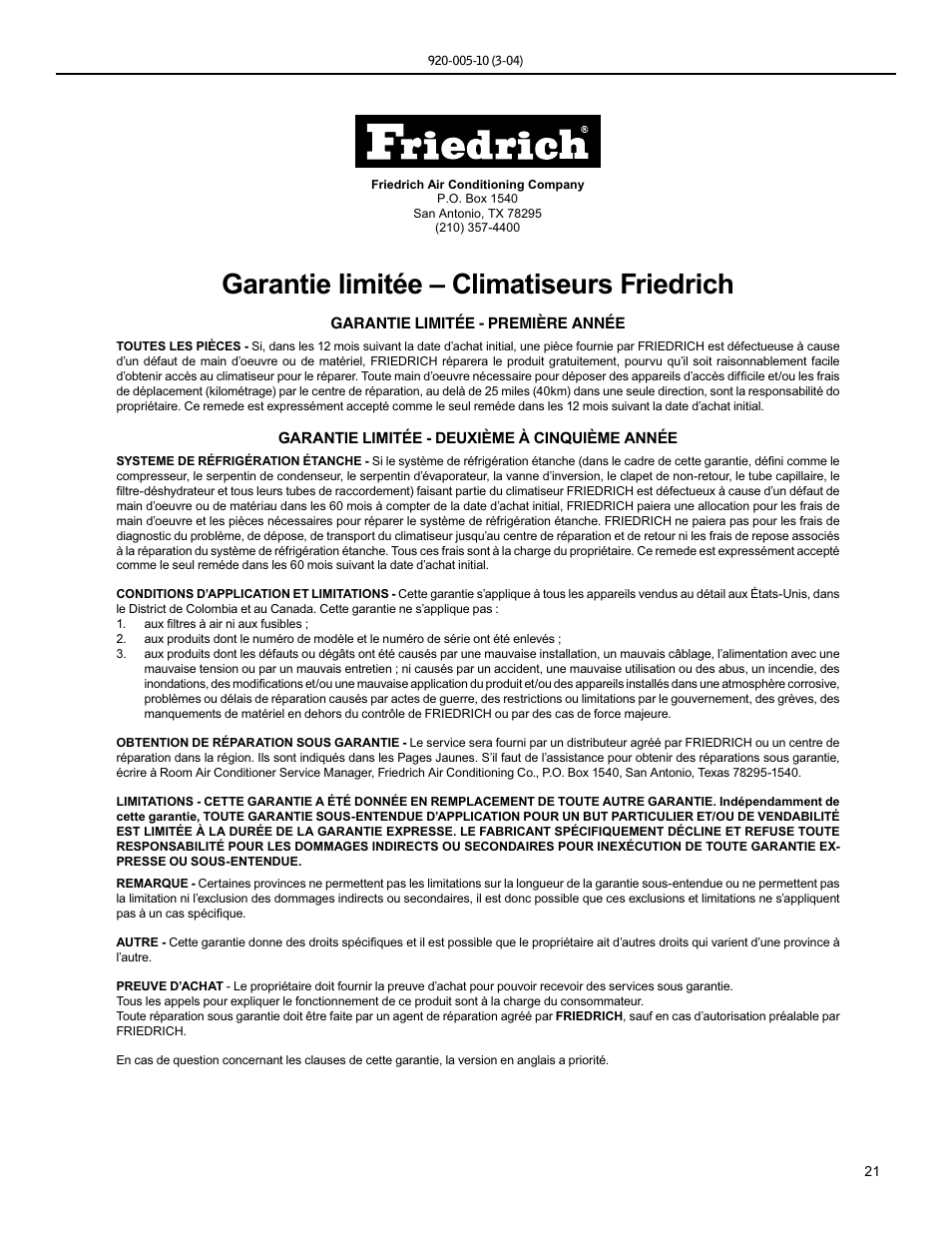 Garantie limitée – climatiseurs friedrich | Friedrich KS12 User Manual | Page 21 / 24