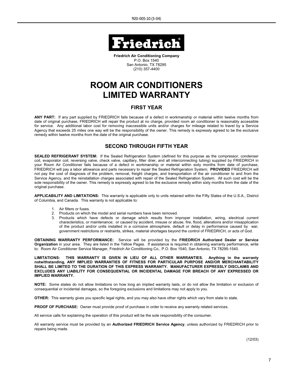 Room air conditioners limited warranty, First year, Second through fifth year | Friedrich KS12 User Manual | Page 7 / 24