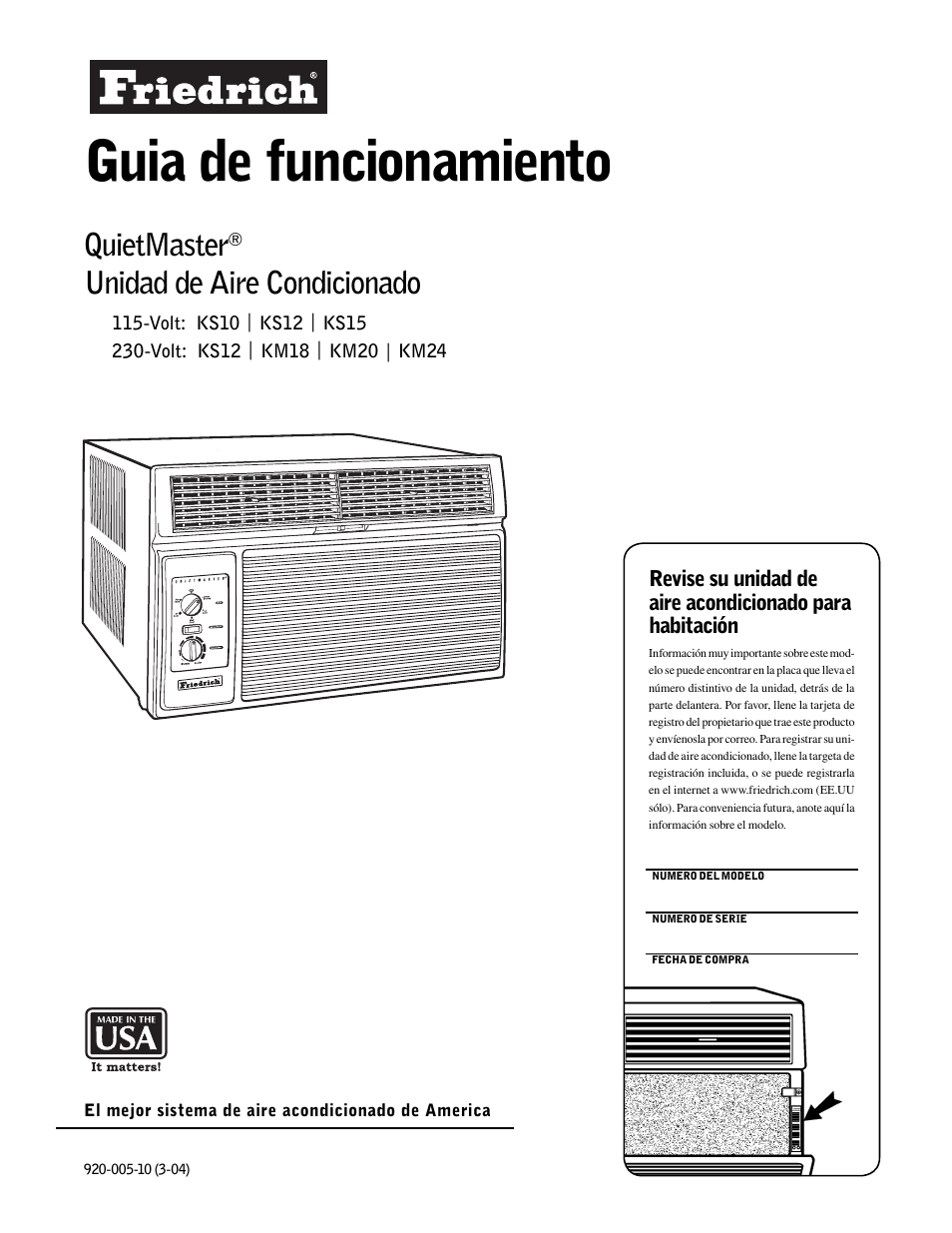 Guia de funcionamiento, Quietmaster, Unidad de aire condicionado | Friedrich KS12 User Manual | Page 8 / 24