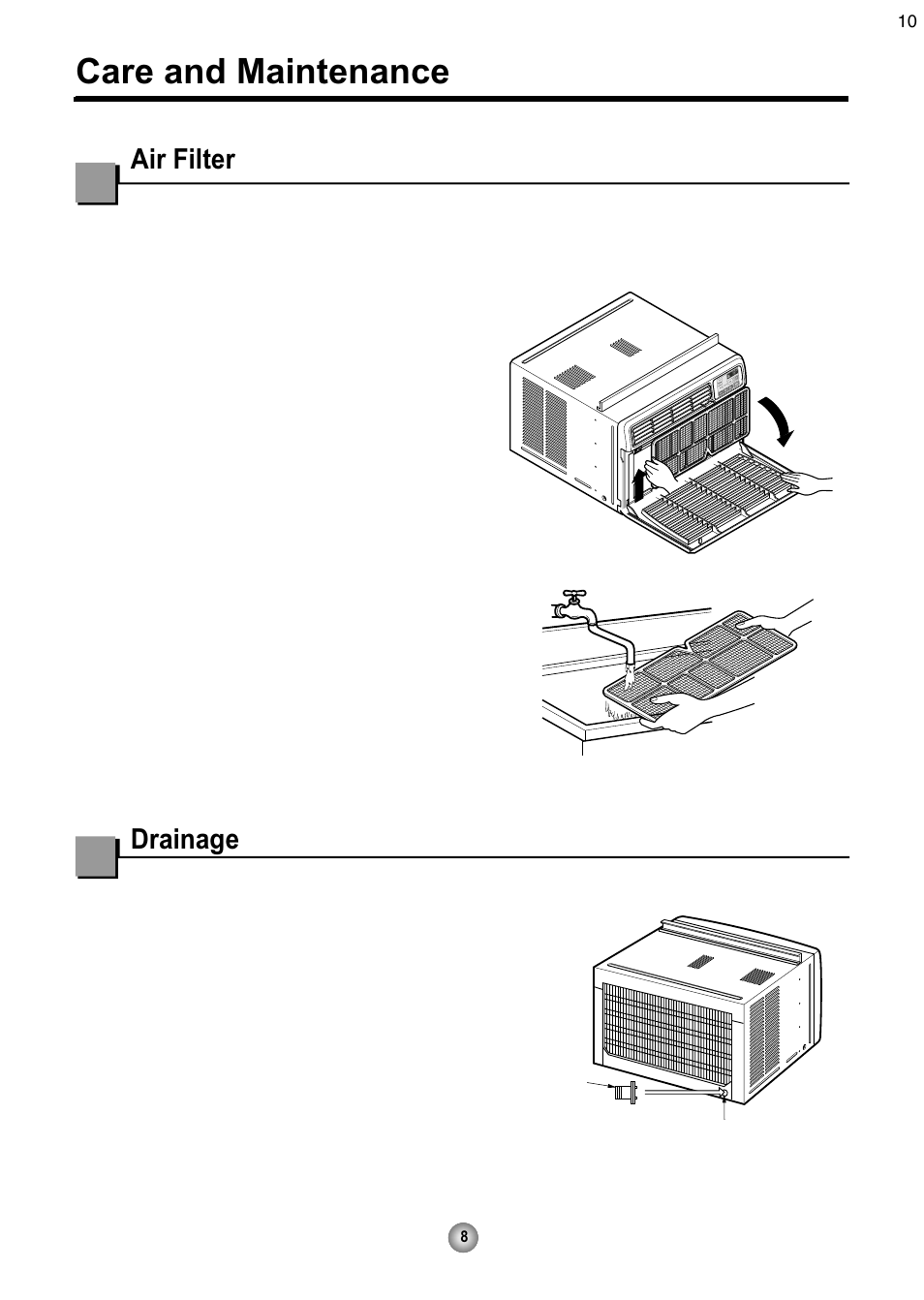 Care and maintenance, Air filter, Drainage | How to remove the air filter | Friedrich CP08 User Manual | Page 10 / 62
