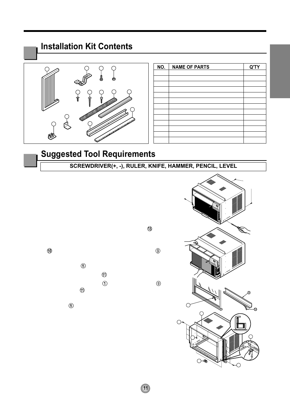 Installation kit contents, Suggested tool requirements, English | Preparation of chassis | Friedrich CP08 User Manual | Page 13 / 62