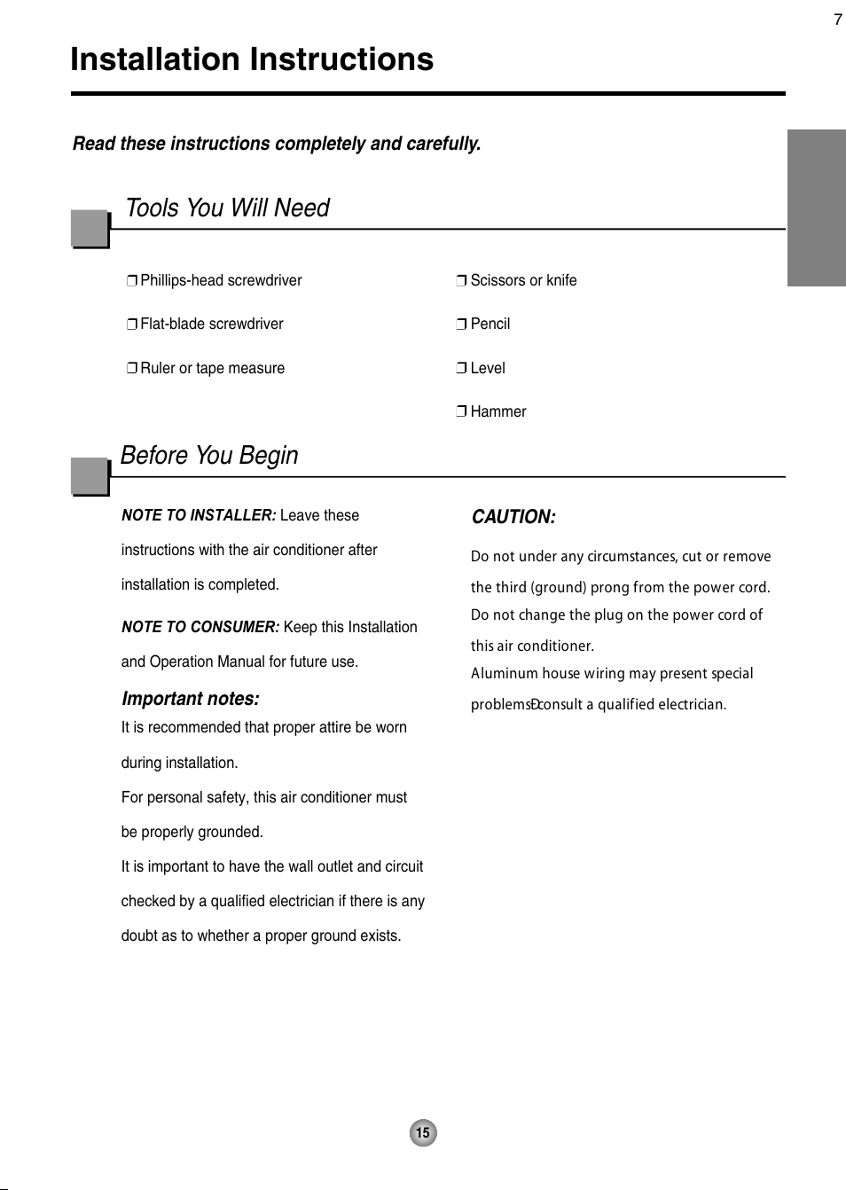 Installation instructions, Before you begin, Tools you will need | English | Friedrich CP08 User Manual | Page 17 / 62