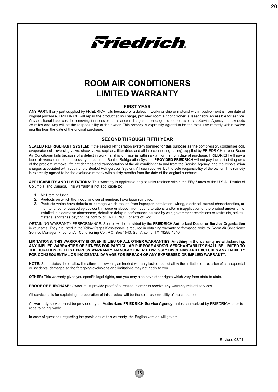 Room air conditioners limited warranty, Friedrich air conditioning co | Friedrich CP08 User Manual | Page 20 / 62