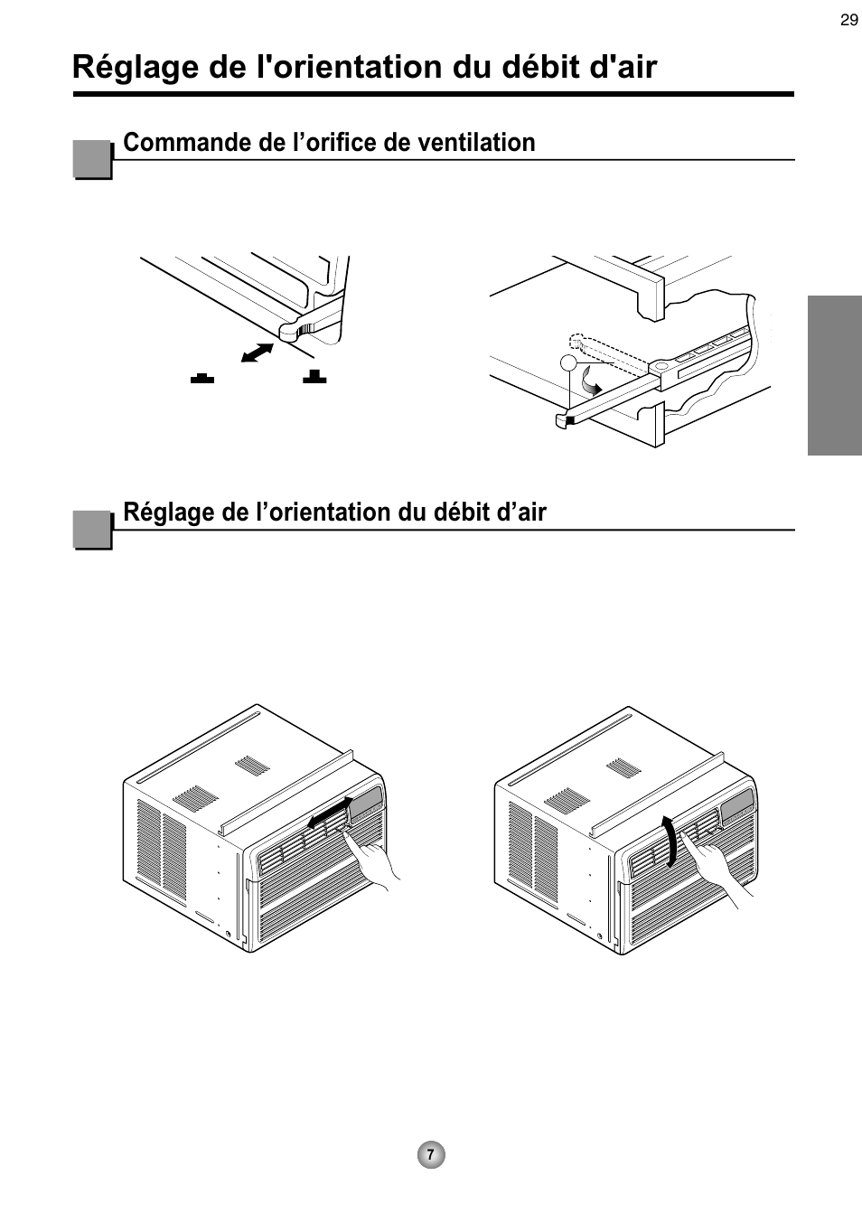 Réglage de l'orientation du débit d'air, Commande de l’orifice de ventilation, Réglage de l’orientation du débit d’air | Français | Friedrich CP08 User Manual | Page 29 / 62