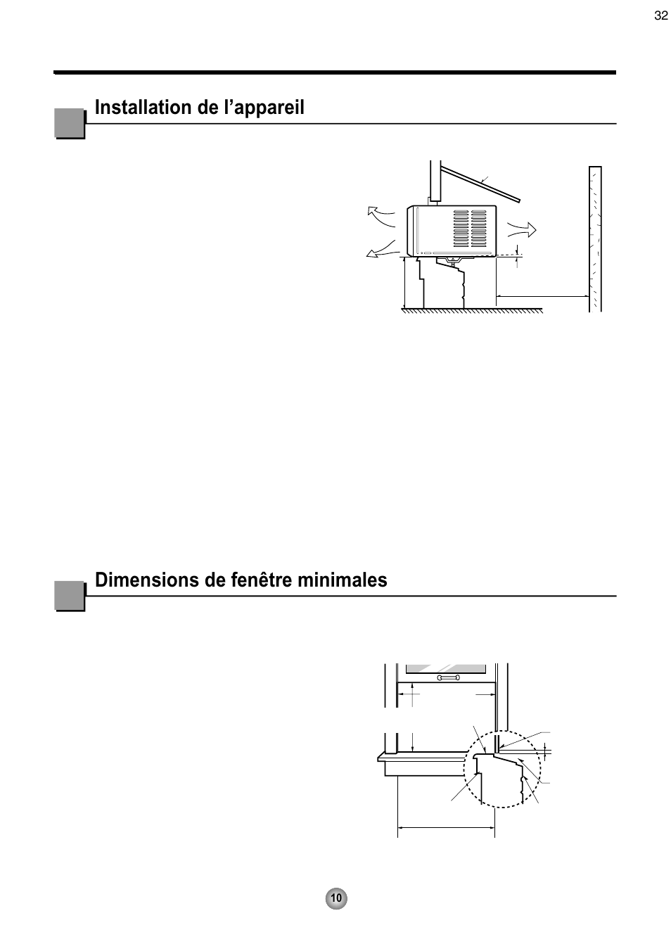 Installation de l’appareil, Dimensions de fenêtre minimales | Friedrich CP08 User Manual | Page 32 / 62