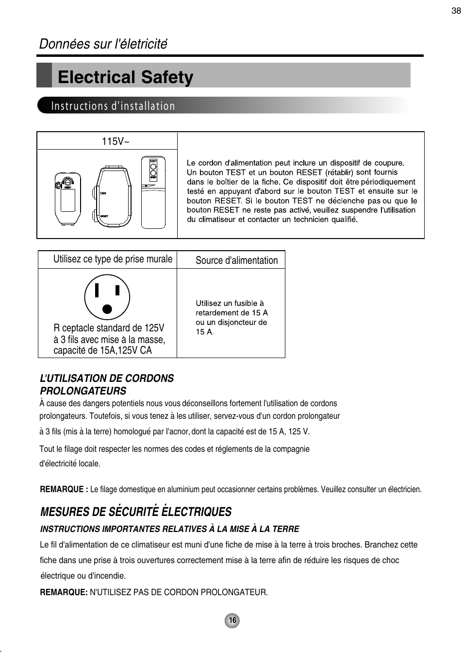 Electrical safety, Donnees sur l'eletricite, Mesures de securite electriques | Instructions d' installation | Friedrich CP08 User Manual | Page 38 / 62