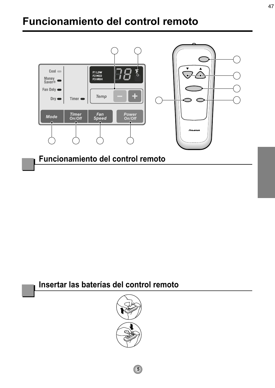 Funcionamiento del control remoto, Insertar las baterías del control remoto, Español | Friedrich CP08 User Manual | Page 47 / 62